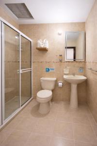 a bathroom with a toilet and a sink and a shower at Hospedaje Camino Real in Salento +55 photos