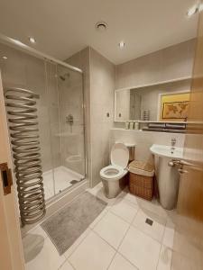 a bathroom with a shower and a toilet and a sink at Cardiff City Center - FREE On-Site Parking in Cardiff