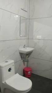a white bathroom with a toilet and a sink at Kanthanpara mist stay in Meppādi