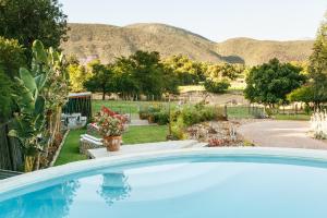 a swimming pool in a garden with mountains in the background at Die Fonteine Country Guest House in Oudtshoorn