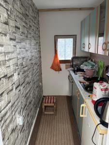 eine Küche mit Steinwand und Theke in der Unterkunft Vikendica Delfin Durakovici-Trnovo in Grahovište