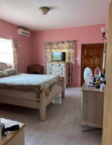 a bedroom with a bed and a dresser with a television at Milla villa in Alligator Pond Village
