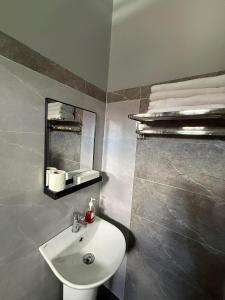 a bathroom with a white sink and a mirror at La Casa Guillermo in San Isidro