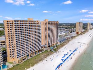 an aerial view of the hotel and the beach at Splash Resort, 16th floor, Oceanfront, 1BR Sleeps 6, Lazy River & Water Park in Panama City Beach