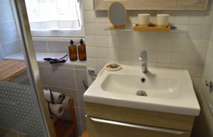 a bathroom with a white sink and a mirror at Gîte NAO in Serves-sur-Rhône