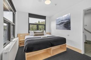 a bedroom with a king sized bed and windows at Nelse Lodge in Falls Creek