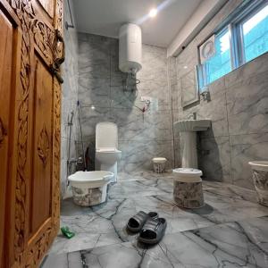 a bathroom with a toilet and a sink at Ilhaan Resort Sonamarg in Sonāmarg