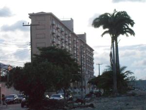 um edifício alto numa rua com uma palmeira em Apartamentos Vila de Iracema em Fortaleza