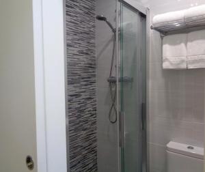 a bathroom with a glass shower with a toilet at Pensi&oacute;n Urumea in San Sebasti&aacute;n