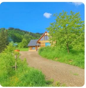 a house with a dirt road next to a tree at Noapte de Poveste in Piatra Fantanele
