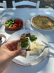 Eine Person, die einen Teller mit Essen auf einem Tisch hält in der Unterkunft Yonca Lodge in Fethiye