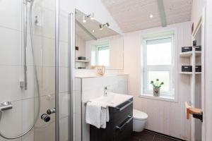 a bathroom with a shower and a sink and a toilet at Ferienhaus Strandpark 41 in Grömitz