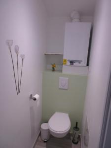 a bathroom with a white toilet and a white cabinet at La tour de Plumont in Dole +21 photos