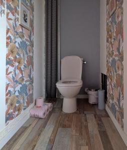 a bathroom with a toilet and a wooden floor at chambre chez hote familiale 2, 4, 5,6 in Mareuil-sur-Lay