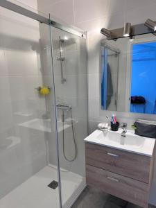 a bathroom with a shower and a sink at Seamount, studio 3 mins from Tamariu beach in Tamariu