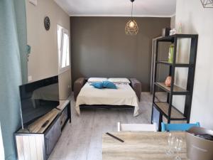 a small room with a bed and a shelf at Minerva - bilocale indipendente, posto auto e bici in Grado