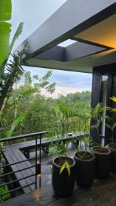 a balcony with plants in pots on a building at The Bataran Studio in Gitgit