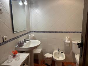 a bathroom with a sink and a toilet and a mirror at La Garzona in Losar de la Vera