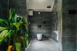a bathroom with a shower and a toilet and a sink at Starico Residence in Nkoanrua +14 photos