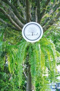 a sign in front of a tree with green leaves at Early Bird Hostel Ayutthaya in Phra Nakhon Si Ayutthaya
