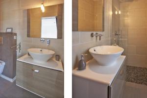 two pictures of a bathroom with a sink and a mirror at Villa casa Luna piscine chauffée vue mer proche centre et plage de Calvi in Calvi +50 photos