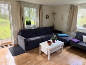 a living room with a blue couch and a table at Gästehaus Rosenkamp in Scharbeutz
