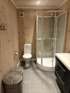 a bathroom with a toilet and a glass shower at Lastølen Snr6 nr2 in Sykkylven