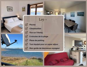 a collage of photos of a hotel room at La mer en liberté in Gruissan