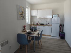a kitchen with a table and chairs and a refrigerator at Studio Apartman Tara in Daruvar +4 photos
