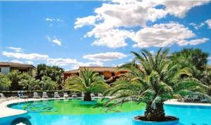 a swimming pool with two palm trees and chairs at ALMA'RE Le Trame di KaSa Experience in Porto Ottiolu