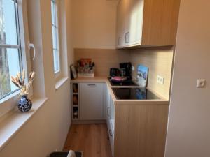 a small kitchen with a sink and a window at Ferienzimmer Präkel in Kloster +8 photos