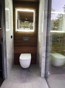 a bathroom with a toilet with a window and a sink at Luxury Resort Kabuna in Kabuna