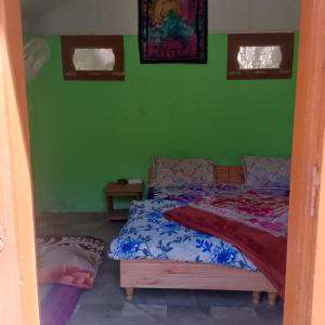a bedroom with a bed and a green wall at Shoolin camping in Jari