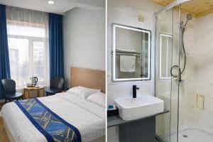 a bathroom with a bed and a sink and a shower at Ochir Hotel in Ulaanbaatar