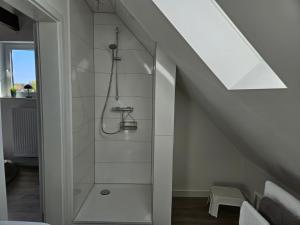 a bathroom with a walkin shower in the attic at Ferienwohnungen Stadtblick, 15208 - Nur für Urlaubsgäste! in Leer