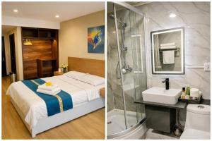 a hotel room with a bed and a shower and a bathroom at Ochir Hotel in Ulaanbaatar