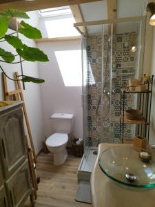a bathroom with a toilet and a glass shower at à 10 mn des Gorges de l'Ardèche in Bidon