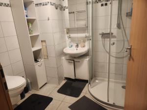 a bathroom with a shower and a sink and a toilet at White Sand Haven Guest House in Ebhausen +60 photos