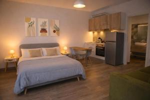 a bedroom with a large bed and a kitchen at Le Suite del Pastore, Monolocale con Terrazza Privata e Parcheggio Facile, vicino al Centro in Lecce