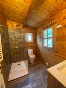 a bathroom with a shower and a toilet at Chalet Horizon Mer in Conca +20 photos