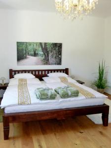 a bedroom with a large bed with a chandelier at Ferienhaus Sonnenhorst in Proleb