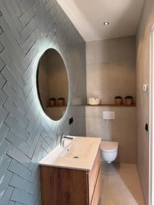 a bathroom with a sink and a mirror and a toilet at B&B Bos en Dal in Blesdijke