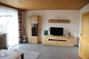 a living room with a television on a wooden cabinet at Haus Heidi mit Balkon in Moosbach