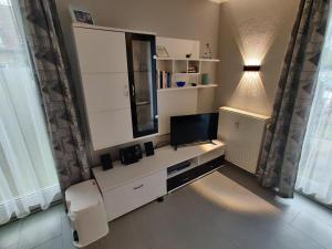a living room with a television and a desk with a mirror at "Tossens Ahoi" in Tossenserdeich