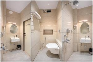 two pictures of a bathroom with a toilet and sink at Sharda Grand in Ujjain +16 photos