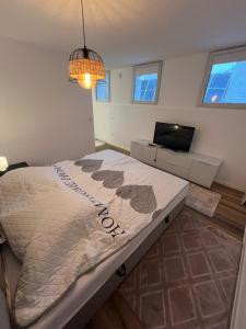 a bedroom with a bed and a couch in it at Avella House in Mühlheim