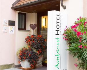 a front door of a house with flowers and plants at Ambient Hotel am Europakanal in Fürth