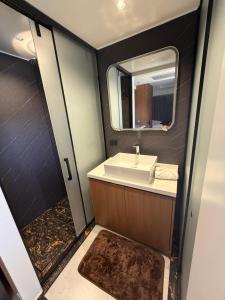 a bathroom with a sink and a mirror at Lionheart Roslyn Suite 2 in Nuku‘alofa