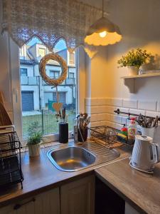 a kitchen counter with a sink and a window at Family Home FeWo de lux Świnoujście in Świnoujście