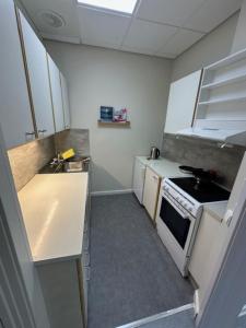 a small kitchen with a stove and a sink at Åsen Apartment, Stamsund in Stamsund